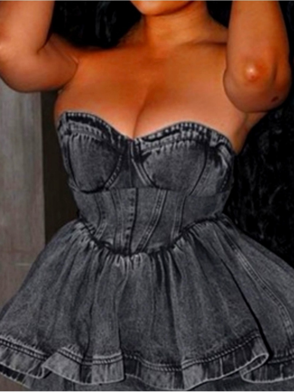 N. 1 LA Women’s‎ Black Denim Acid Wash Strapless Peplum Hem Corset Top Sz S